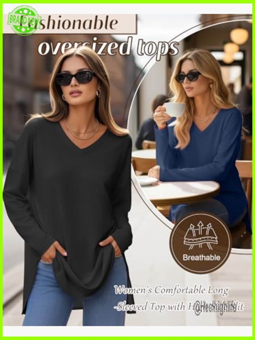 3 Pack Oversized Long Sleeve V-Neck Tunic Tops Loose Fit Workout Casual - Picture 3 of 6
